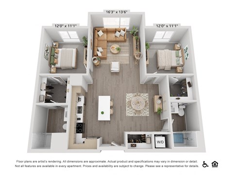 Floor plan for 2 beds, 2 baths, 1002 sqft